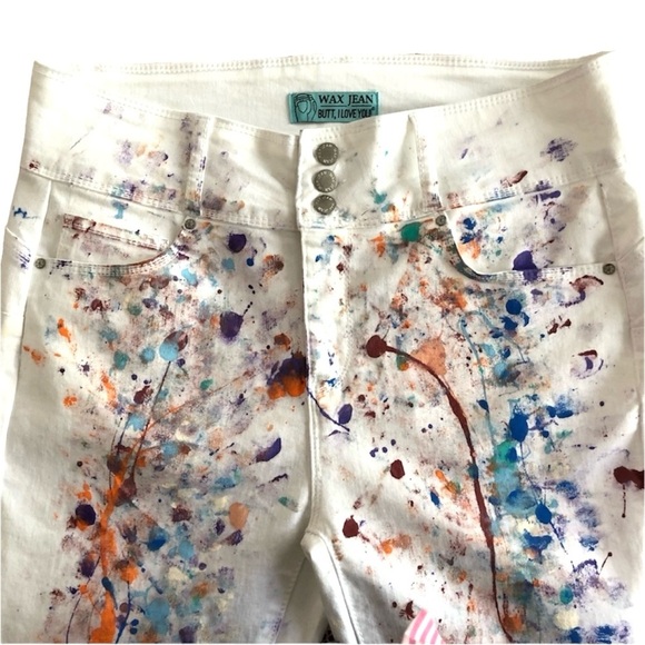 WAX Jeans Paint splatter white Jeans. Butt I love you Abstract High Waist. PRIDE - Picture 1 of 15